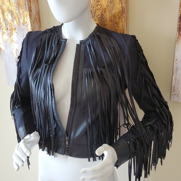 BCBGMAXAZRIA Farrell Black Fringe-Trim Faux Leather Short Jacket SZ XS - Picture 5 of 15
